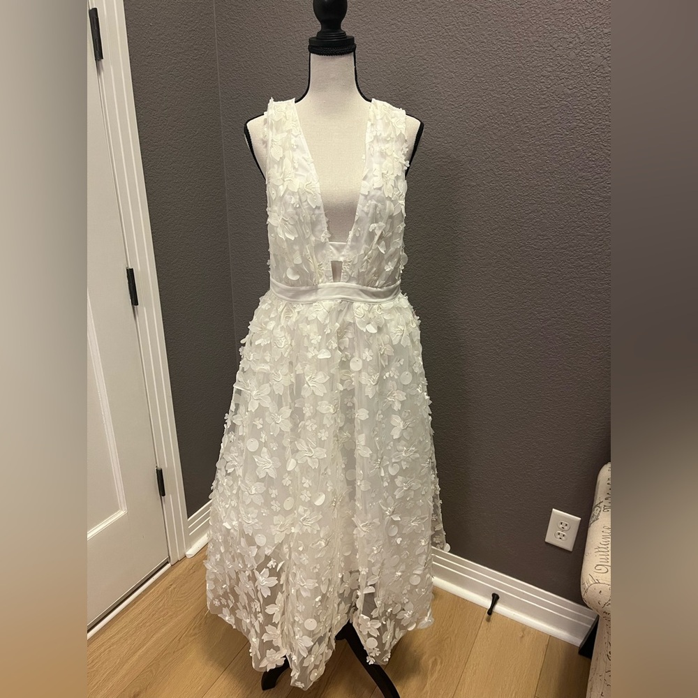 BHLDN STEVIE SLEEVELESS V-NECK FLORAL APPLIQUÉ A-LINE MIDI DRESS - Picture 3 of 5